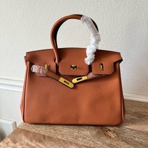 Structured Orange Leather Satchel Handbag